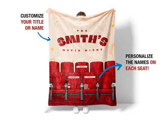 A person holding A cozy throw blanket featuring a playful movie night theme, adorned with images of popcorn, film reels, and a remote control,