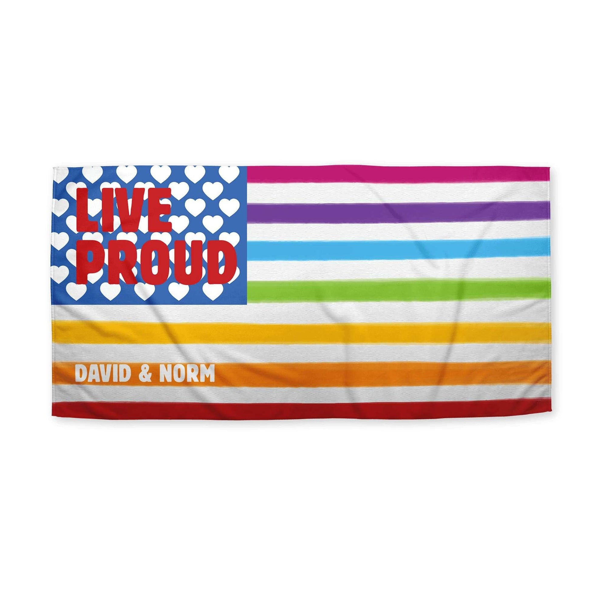 A USA Pride Flag Beach Towel with customized names 'David & Norm'