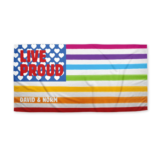 A USA Pride Flag Beach Towel with customized names 'David & Norm'