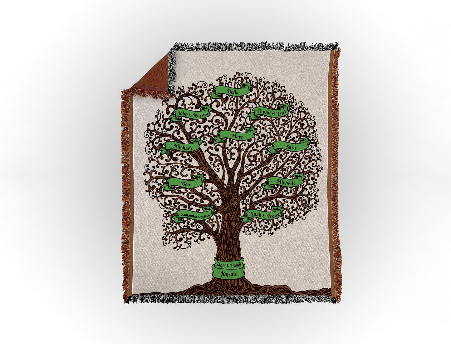 Woven throw blanket featuring an intricate family tree design with 10 names on green banners, displayed flat on a white background.