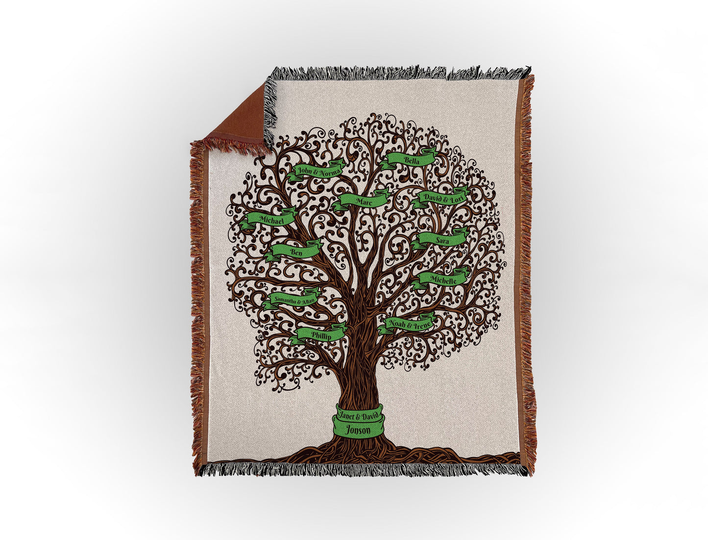 Woven throw blanket featuring an intricate family tree design with 11 names on green banners, displayed flat on a white background.