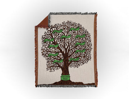 Woven throw blanket featuring an intricate family tree design with 11 names on green banners, displayed flat on a white background.