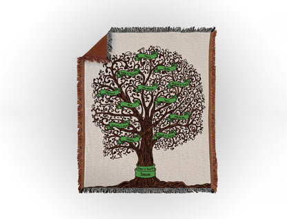 Woven throw blanket featuring an intricate family tree design with 12 names on green banners, displayed flat on a white background.