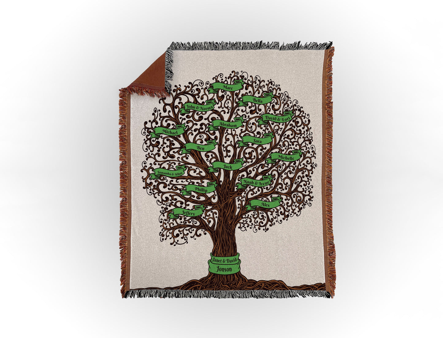 Woven throw blanket featuring an intricate family tree design with 15 names on green banners, displayed flat on a white background.