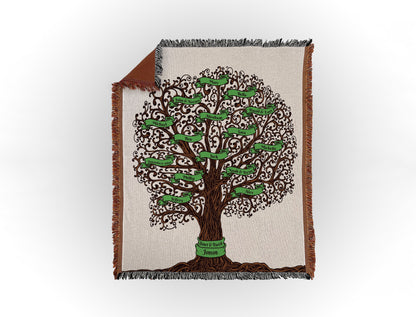 Woven throw blanket featuring an intricate family tree design with 15 names on green banners, displayed flat on a white background.