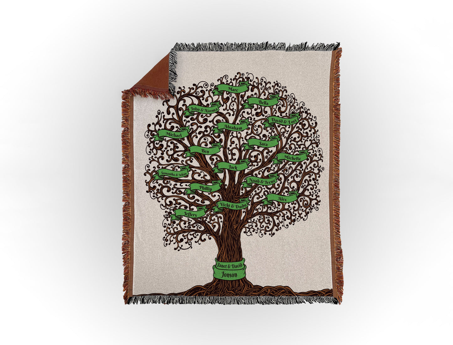 Woven throw blanket featuring an intricate family tree design with 16 names on green banners, displayed flat on a white background.