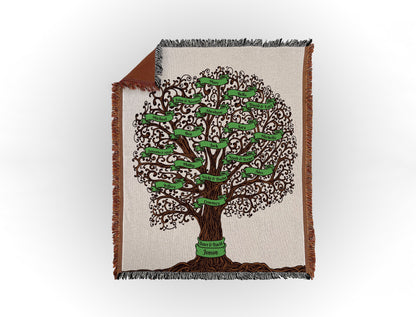 Woven throw blanket featuring an intricate family tree design with 17 names on green banners, displayed flat on a white background.