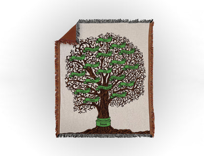 Woven throw blanket featuring an intricate family tree design with 18 names on green banners, displayed flat on a white background.