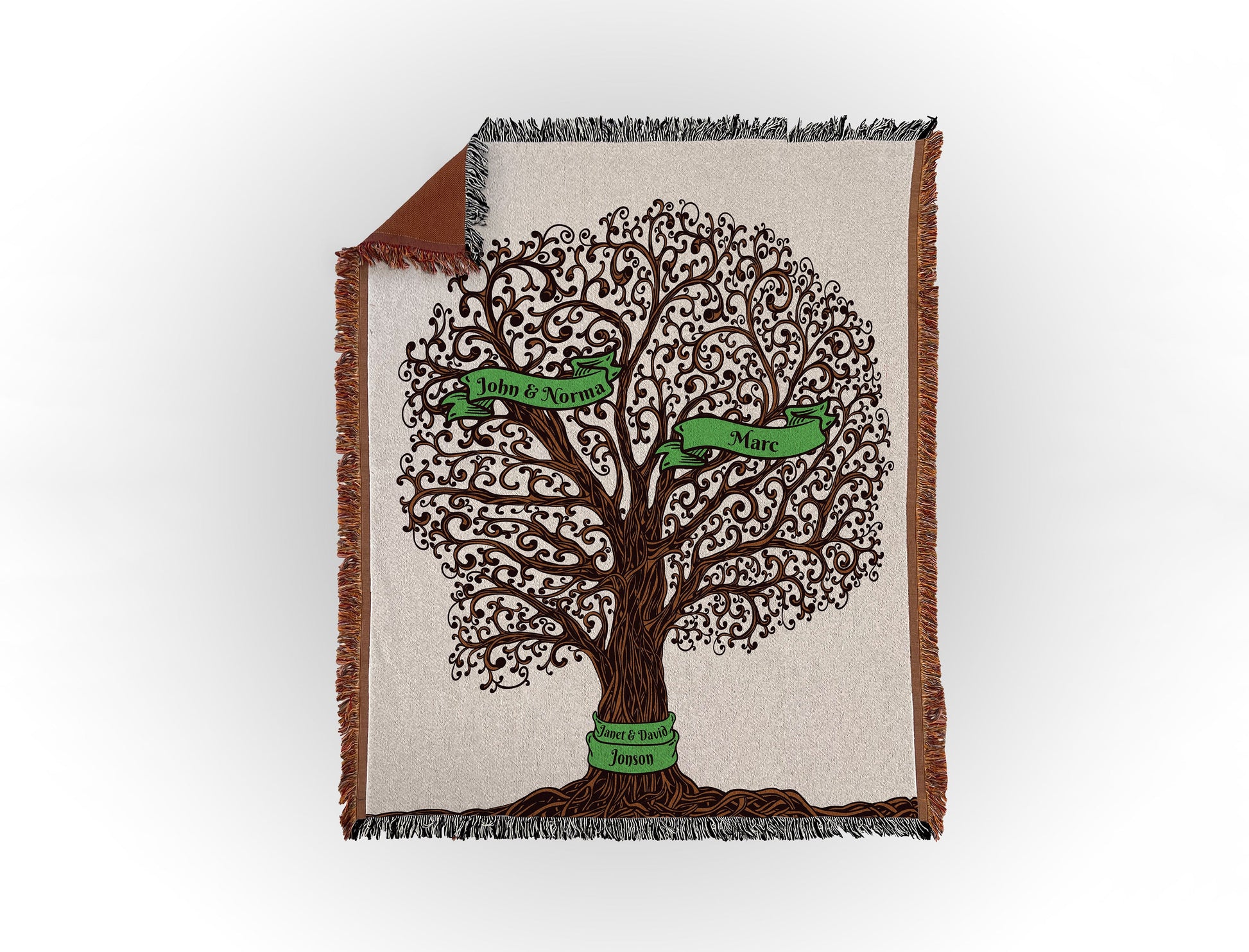 Woven throw blanket featuring an intricate family tree design with 2 names on green banners, displayed flat on a white background.