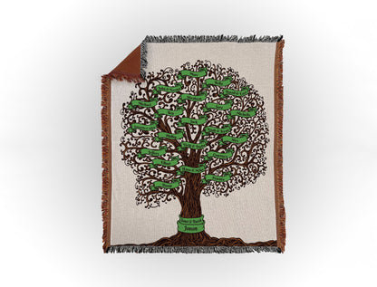 Woven throw blanket featuring an intricate family tree design with 21 names on green banners, displayed flat on a white background.