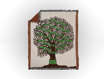 Woven throw blanket featuring an intricate family tree design with 26 names on green banners, displayed flat on a white background.