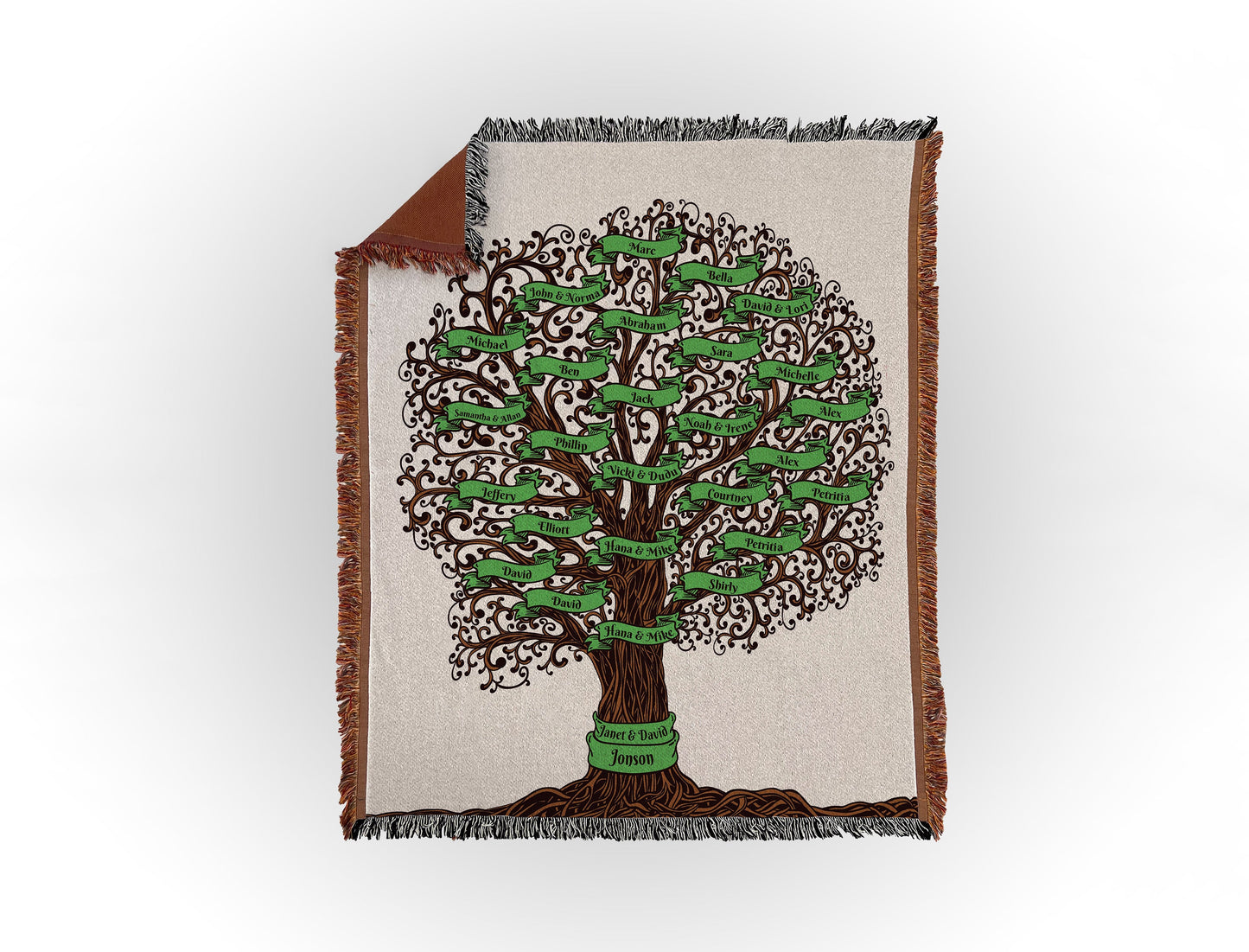 Woven throw blanket featuring an intricate family tree design with 27 names on green banners, displayed flat on a white background.