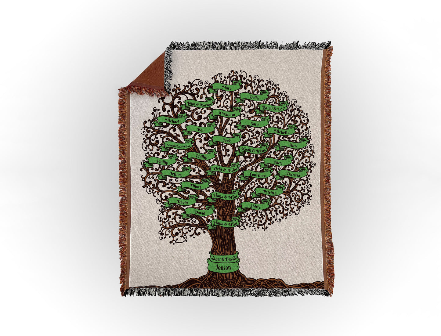 Woven throw blanket featuring an intricate family tree design with 28 names on green banners, displayed flat on a white background.