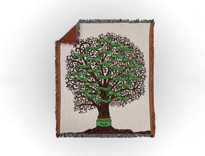 Woven throw blanket featuring an intricate family tree design with 29 names on green banners, displayed flat on a white background.