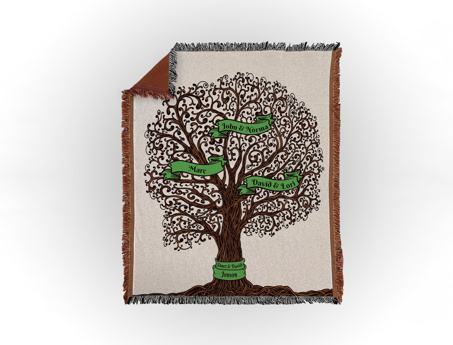 Woven throw blanket featuring an intricate family tree design with 3 names on green banners, displayed flat on a white background.