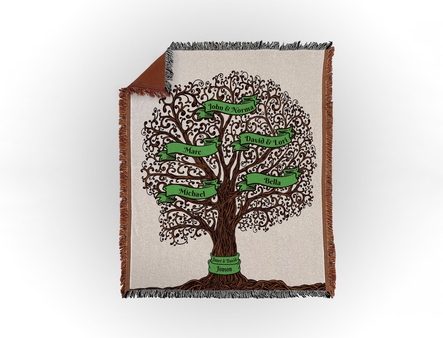 Woven throw blanket featuring an intricate family tree design with 5 names on green banners, displayed flat on a white background.