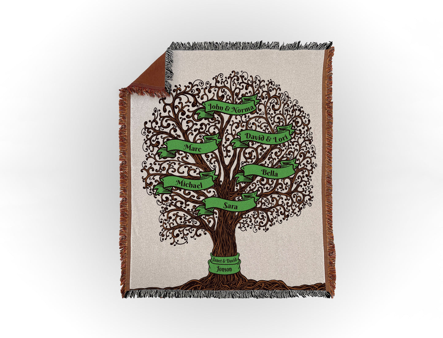 Woven throw blanket featuring an intricate family tree design with 6 names on green banners, displayed flat on a white background.