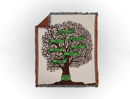 Woven throw blanket featuring an intricate family tree design with 7 names on green banners, displayed flat on a white background.