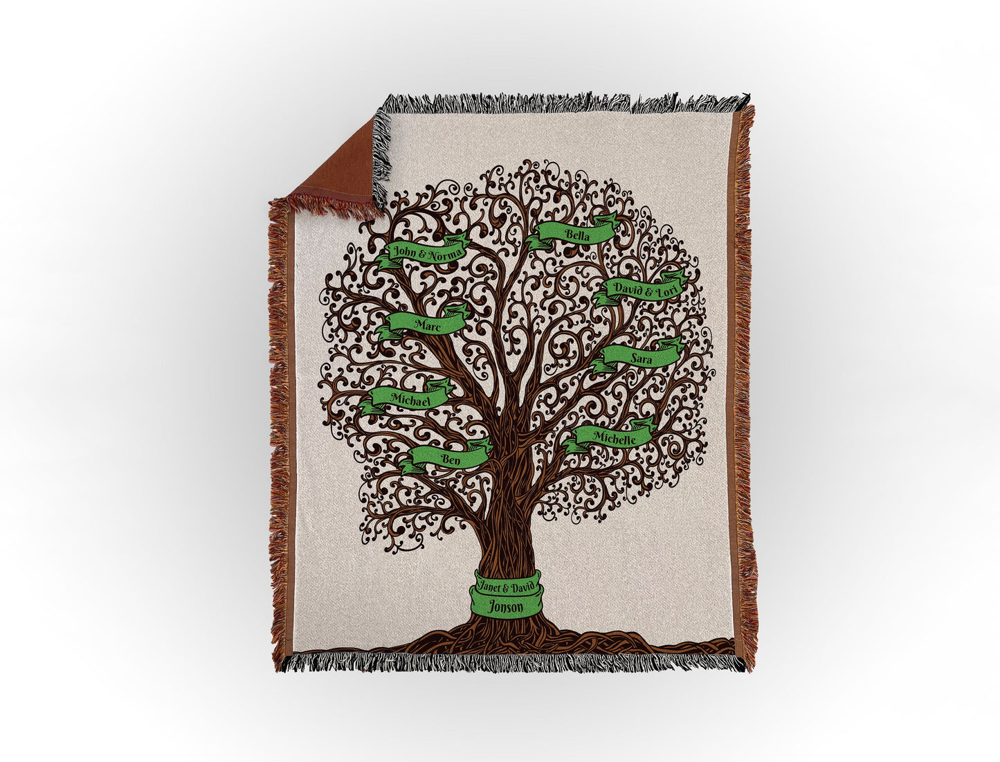 Woven throw blanket featuring an intricate family tree design with 8 names on green banners, displayed flat on a white background.