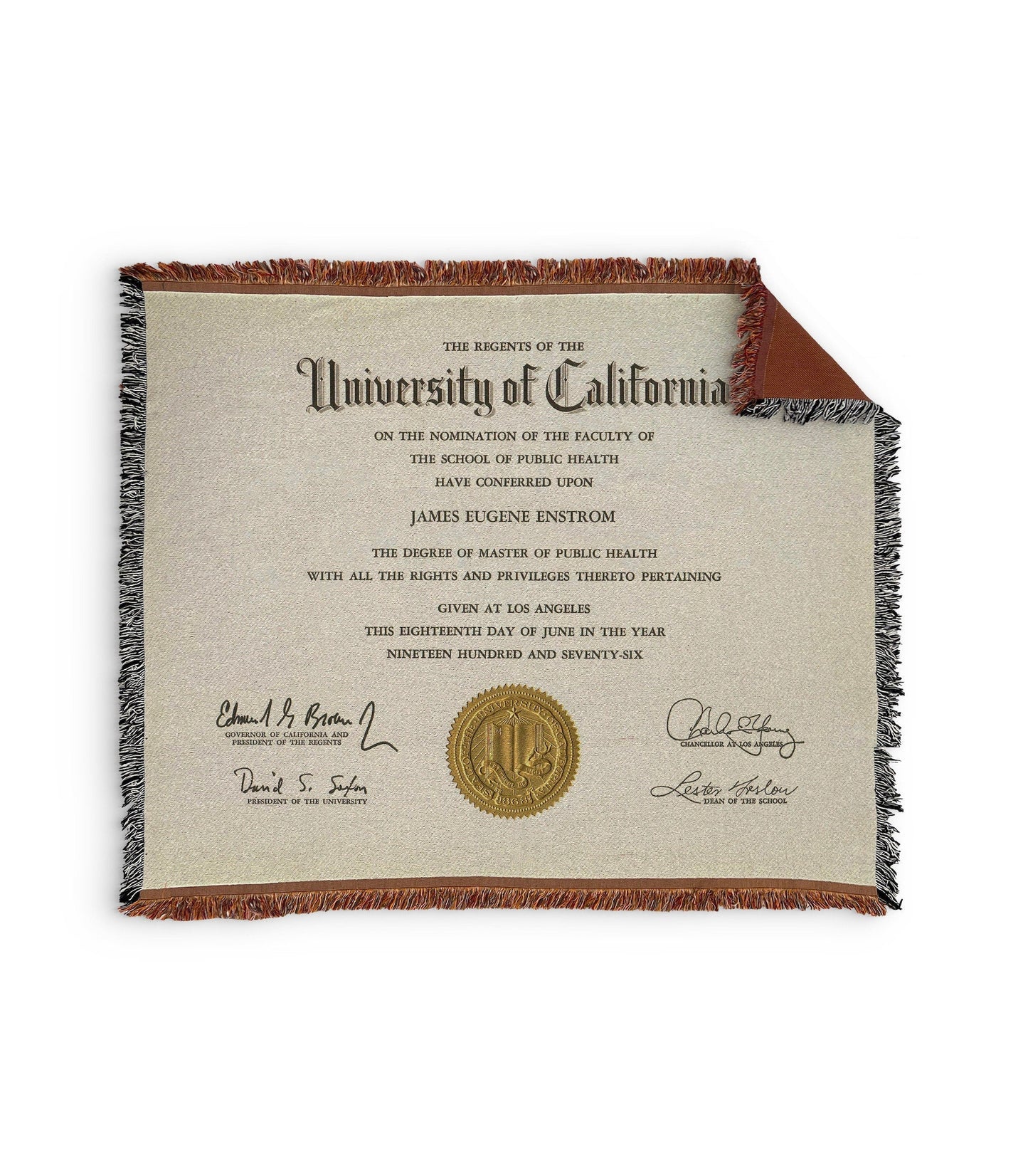 Cozy throw blanket with a printed diploma certificate design, detailed text in a white background