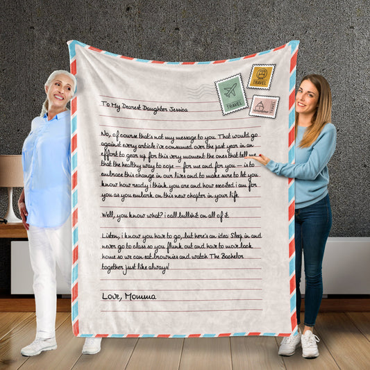 An old lady and a young woman holding a customer letter air mail thow blanket in living room background