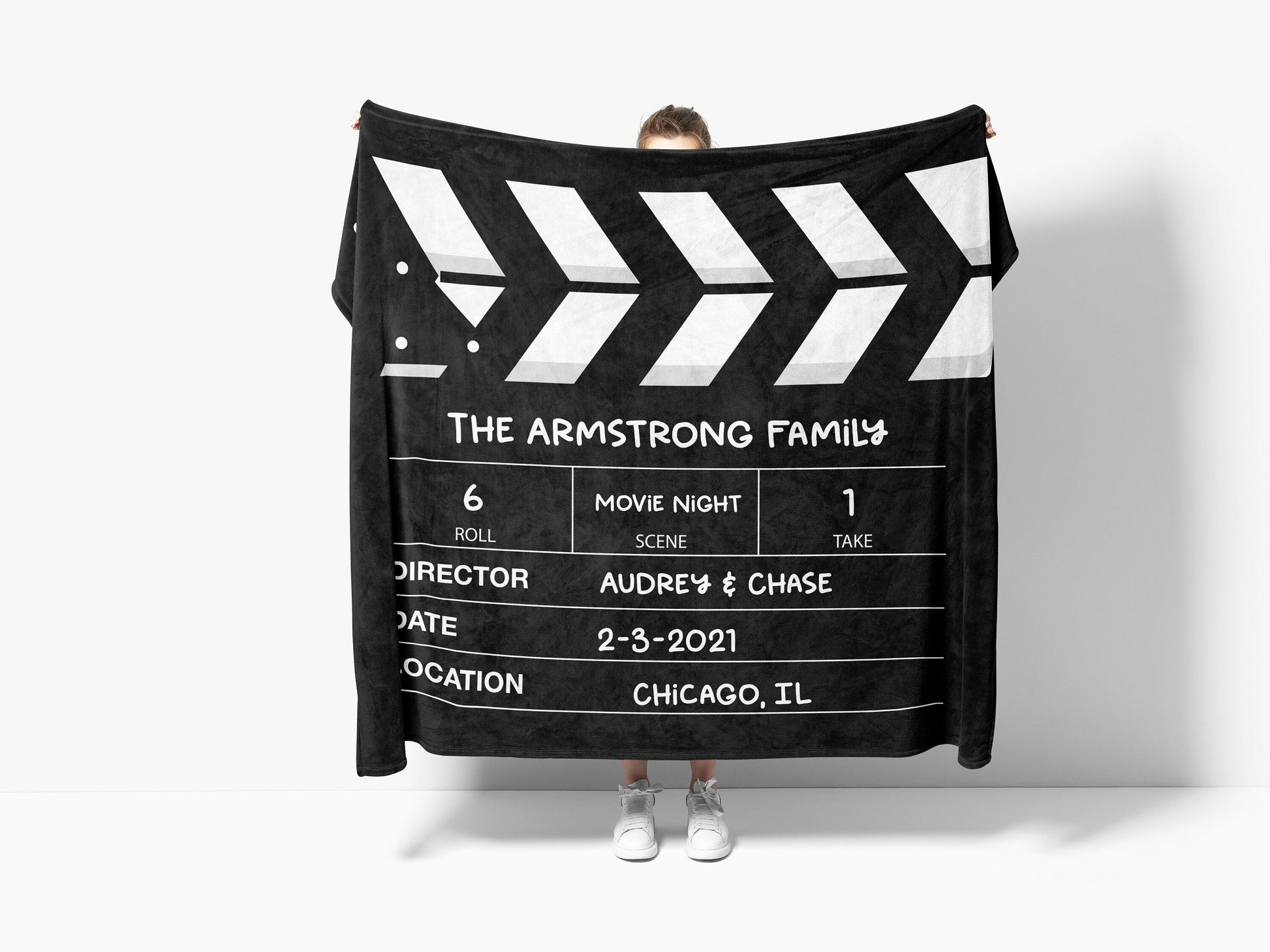 Silky, soft throw blanket with a "Directors Cut Movie Night" theme, featuring vibrant edge-to-edge printing.