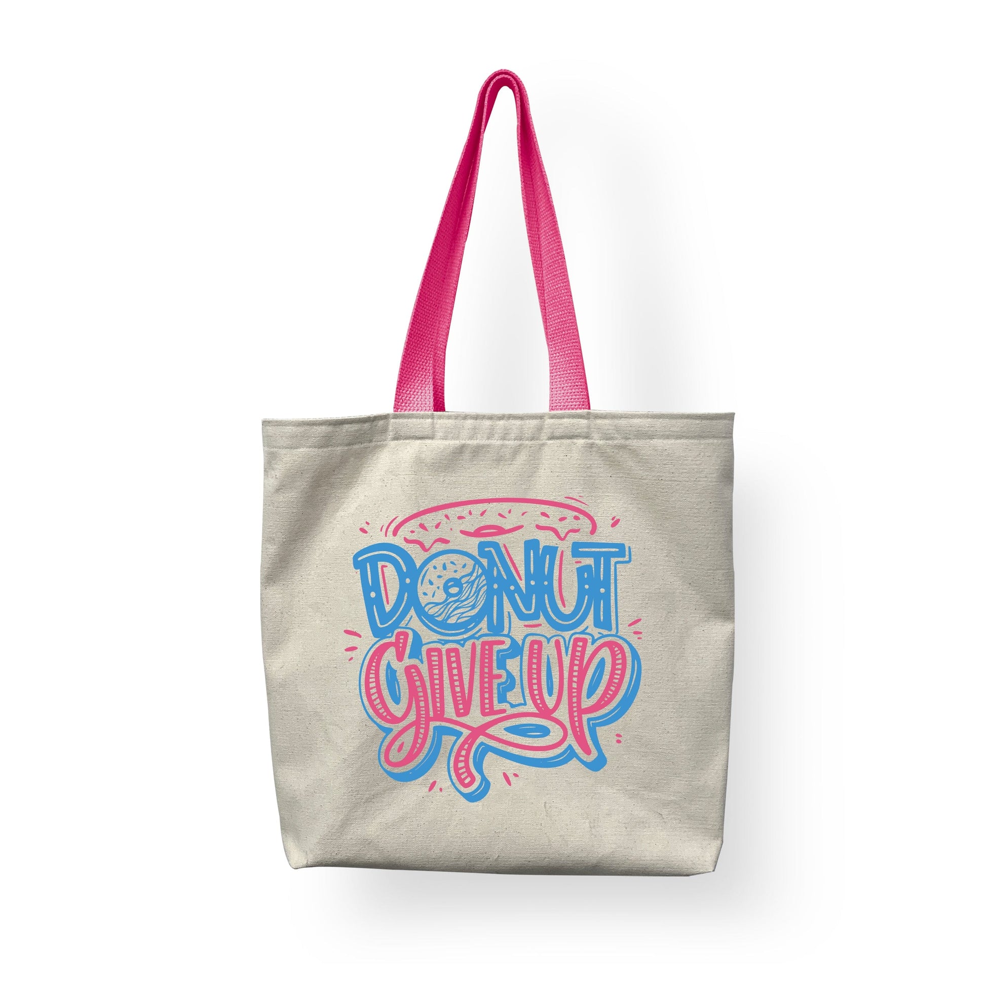 A Cotton Shopping Tote Bag for Eco-Friendly Shoppers, comes with a pink handle and a message "Donut give up"