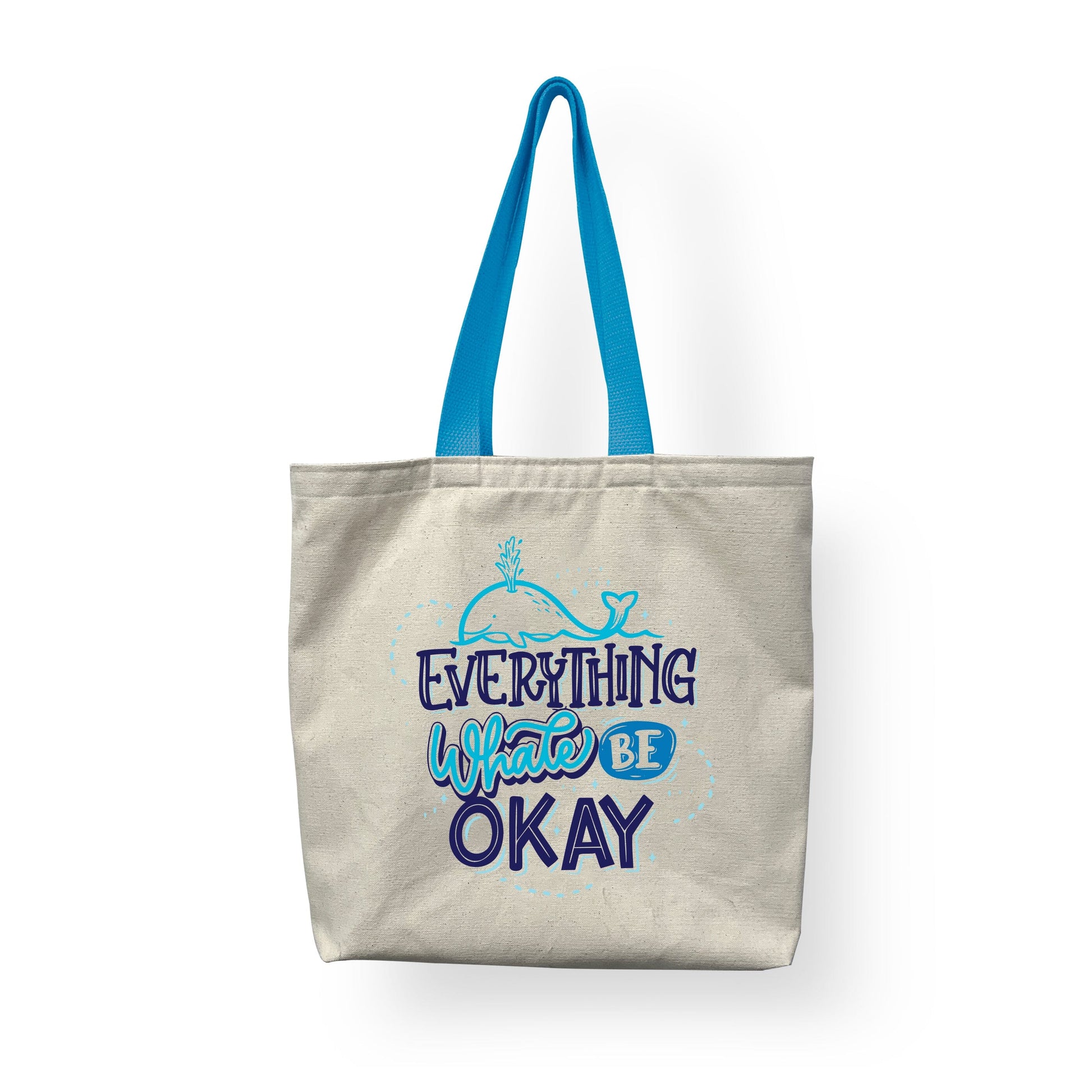 An attractive white fashion tote, with blue handle and 'Everything whale be okay' printed on it