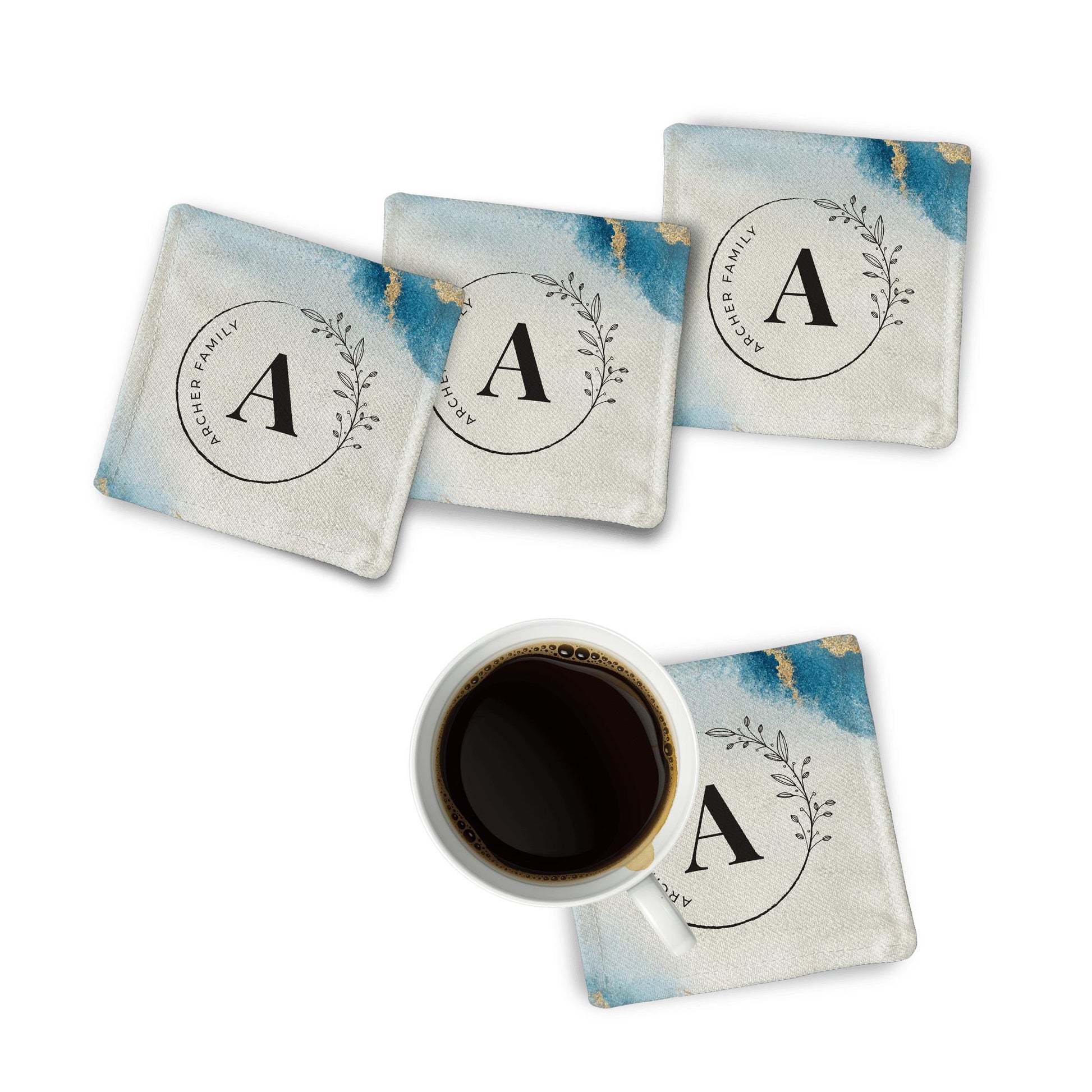 A set of 4 Personalized Agate Fabric Coaster with a coffe mug on a white surface