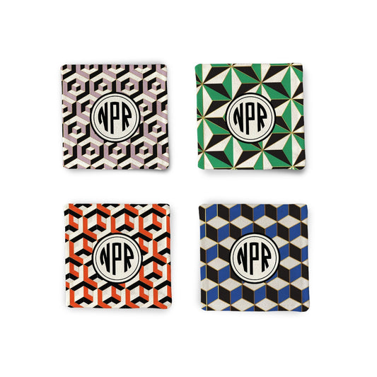 A set of 4 Personalized Geometric Fabric Coasters displayed on white surface