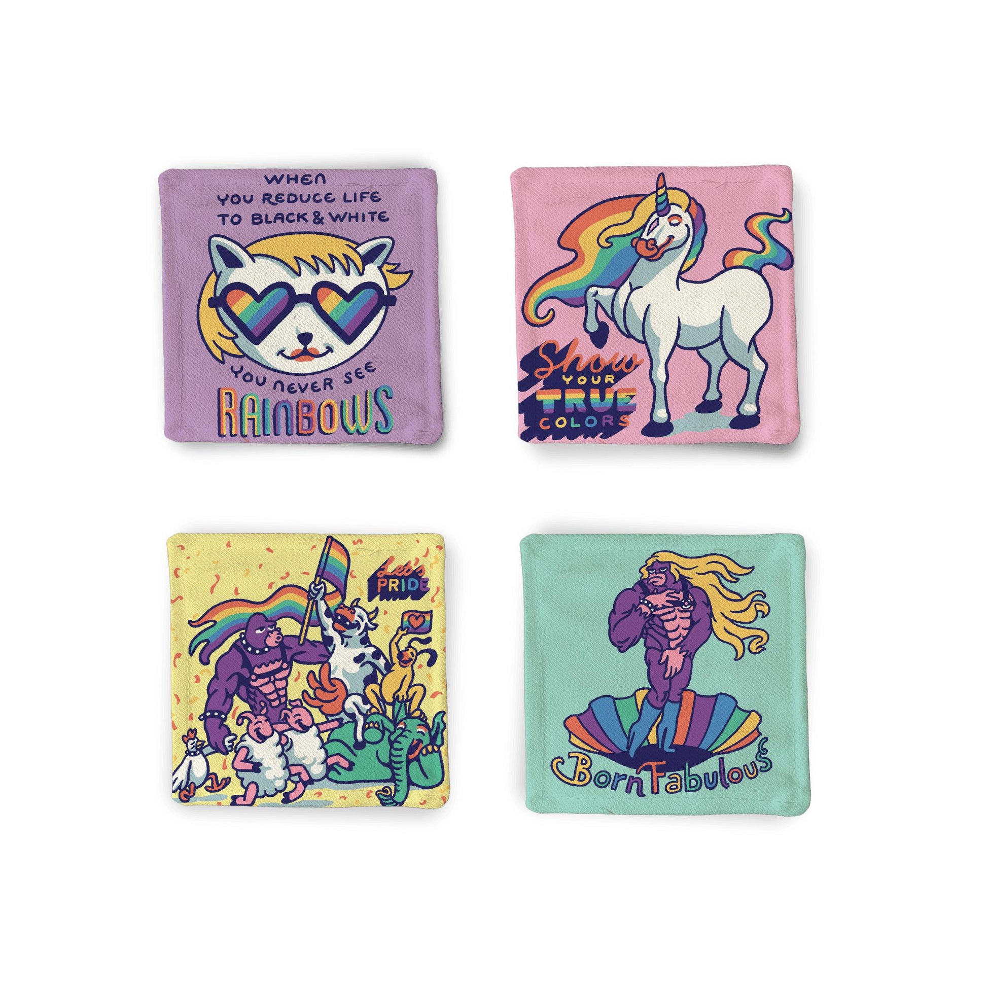 A set of 4 Cotton Twill Coasters, in colorful pride cartoons and quotes in marbel background