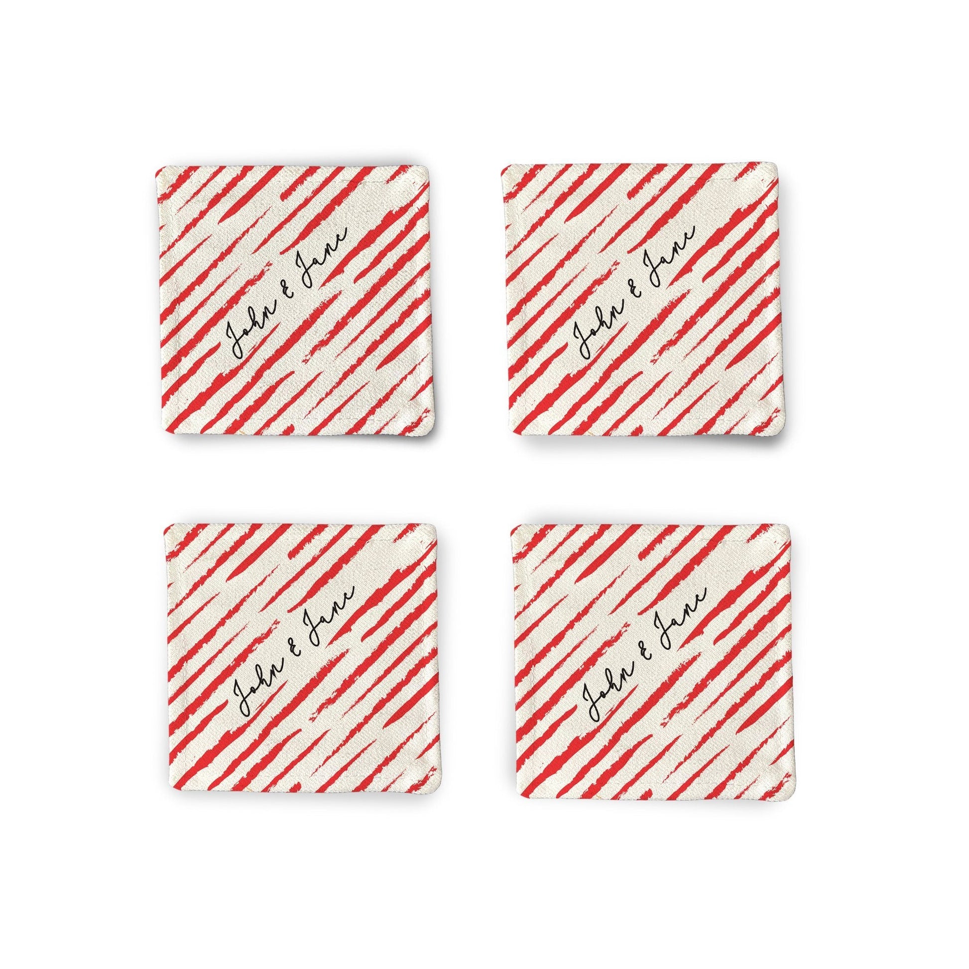 A set of 4 Personalized Strokes of Love Fabric Coasters on a white surface