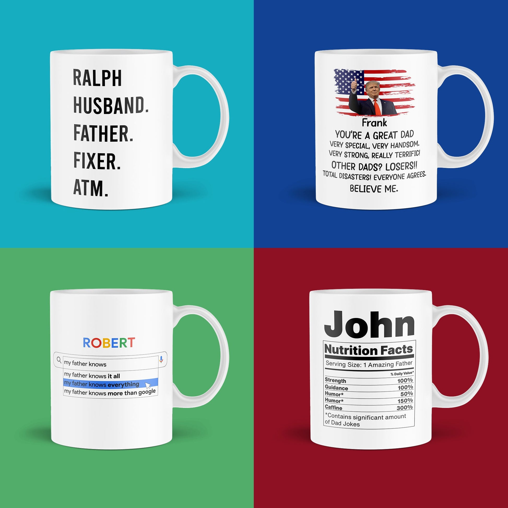 Four custom mugs with unique dad-themed designs, including personalized names, displayed against colorful backgrounds. Perfect gift for Father's Day