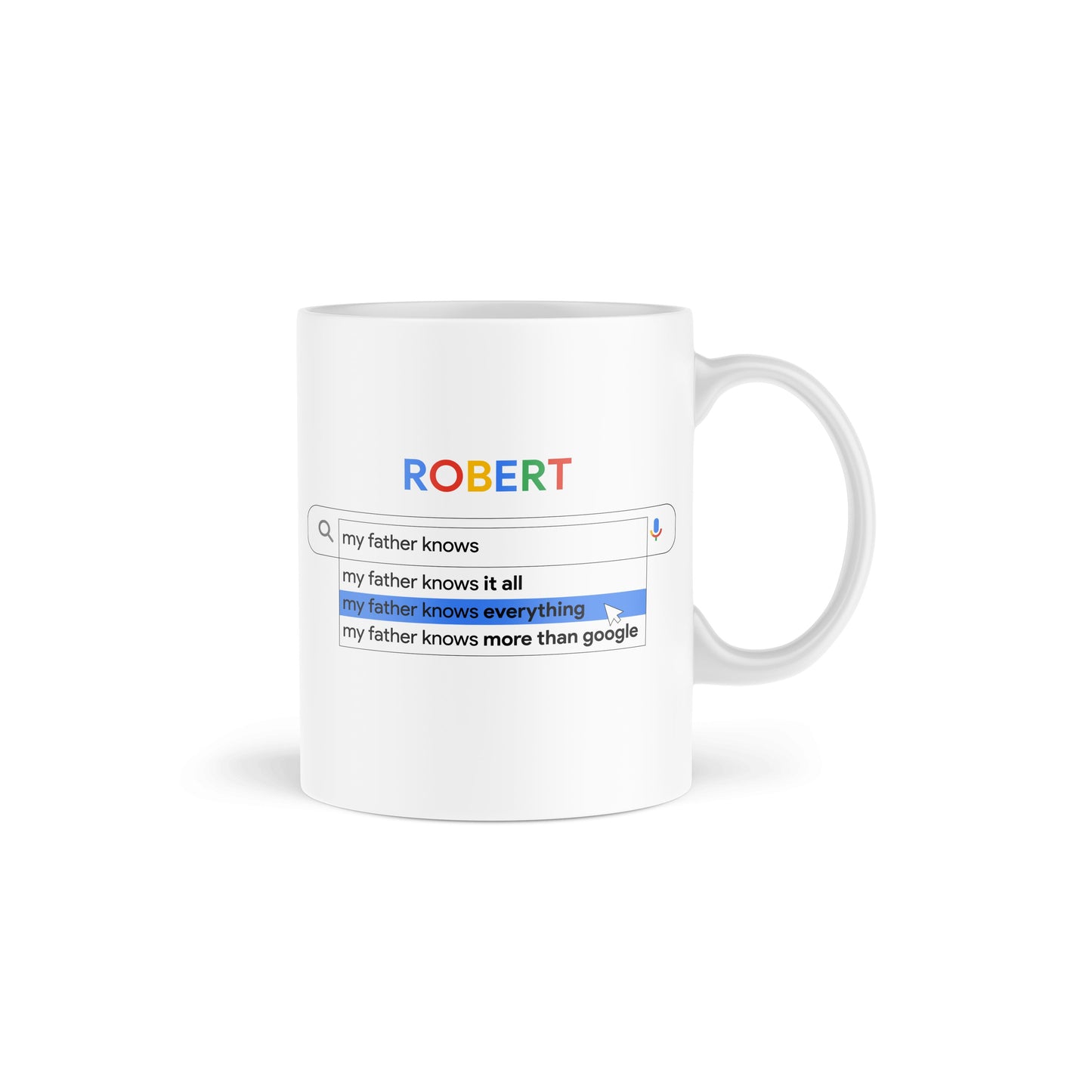 White mug featuring a Google search design with white background and personalized name 'Robert' at the top.