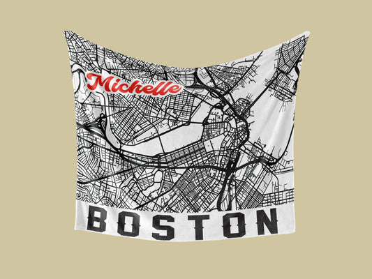 A white fleece blanket with boston city map print and customized name