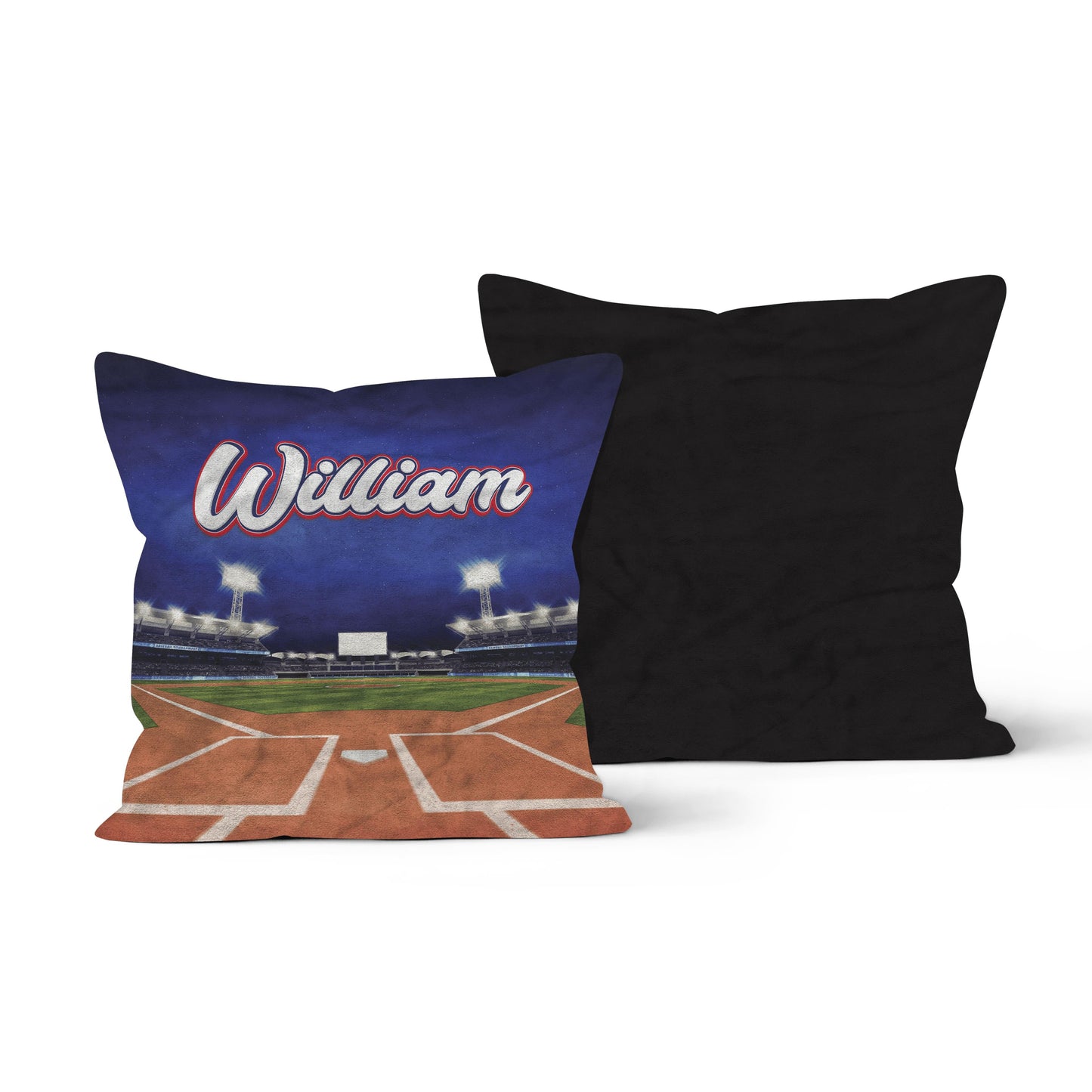 Both side of a throw pillow with a baseball field design, featuring the name "William" in bold letters