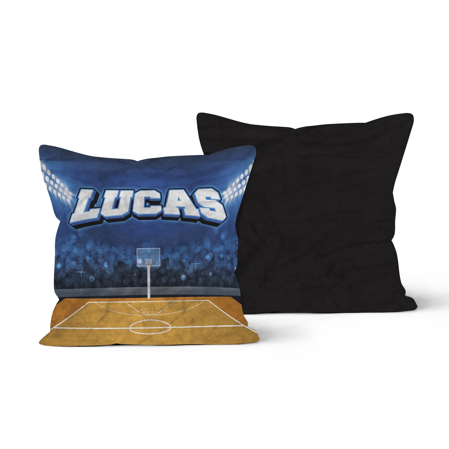 Both side of a throw pillow with a basketball court design, featuring the name "Luccas" in bold letters