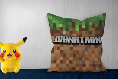 Personalized pillow with "Johnathan," showing a pixelcraft design, pikachoo soft toy on side