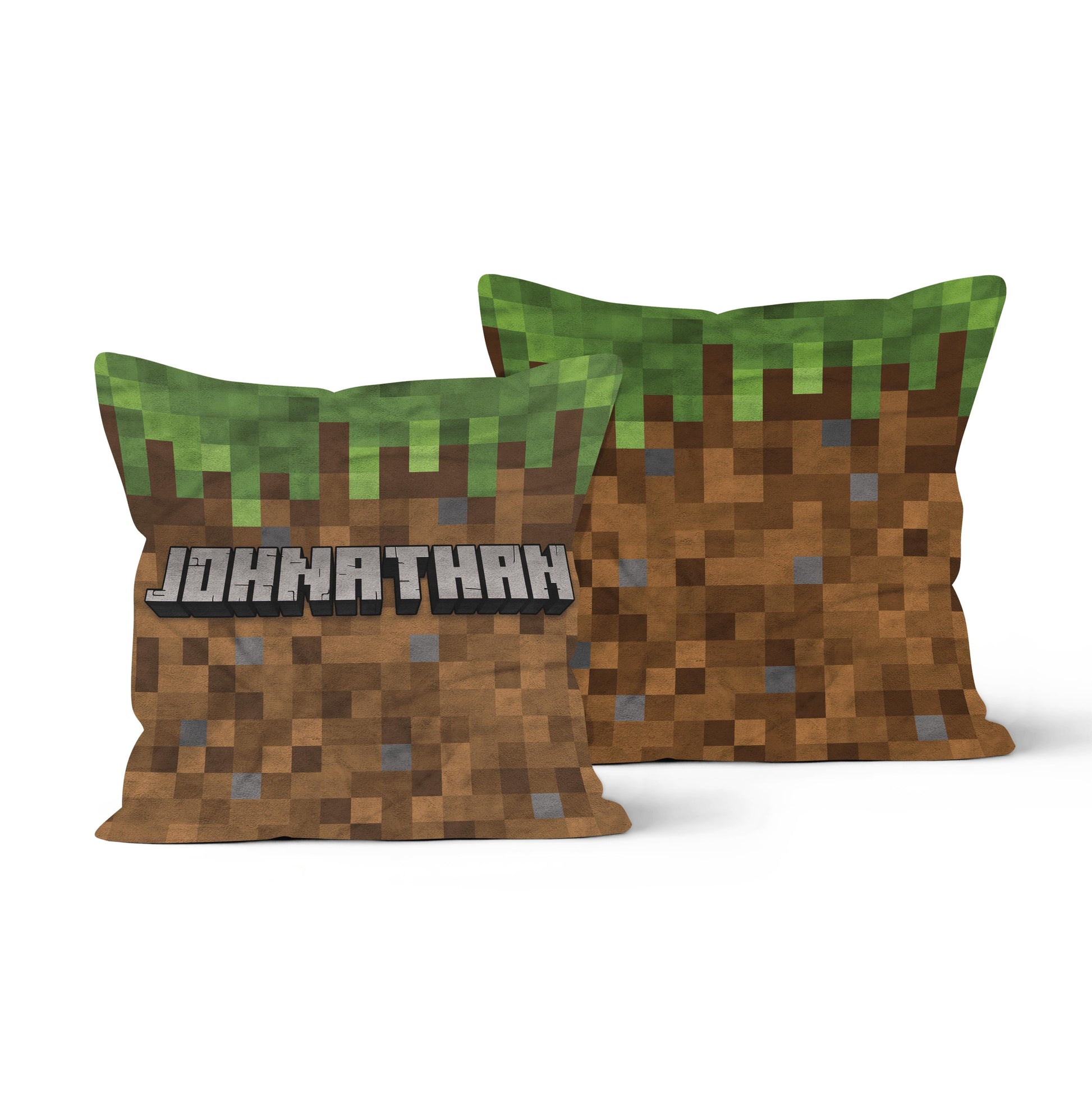 Both side of a throw pillow with a pixelcraft design, featuring the name "Johnathan" in bold letters