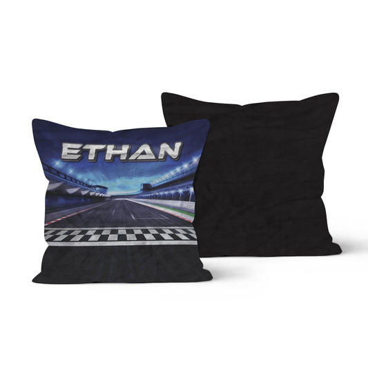 Both side of a throw pillow with a race track design, featuring the name "Ethan" in bold letters