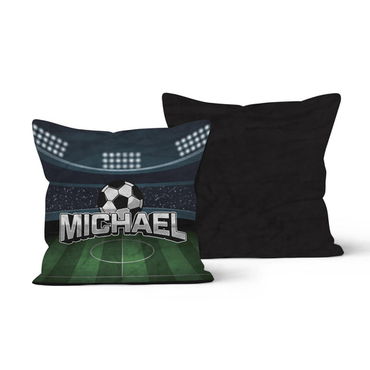 Both side of a throw pillow with a soccer stadium design, featuring the name "Michael" in bold letters