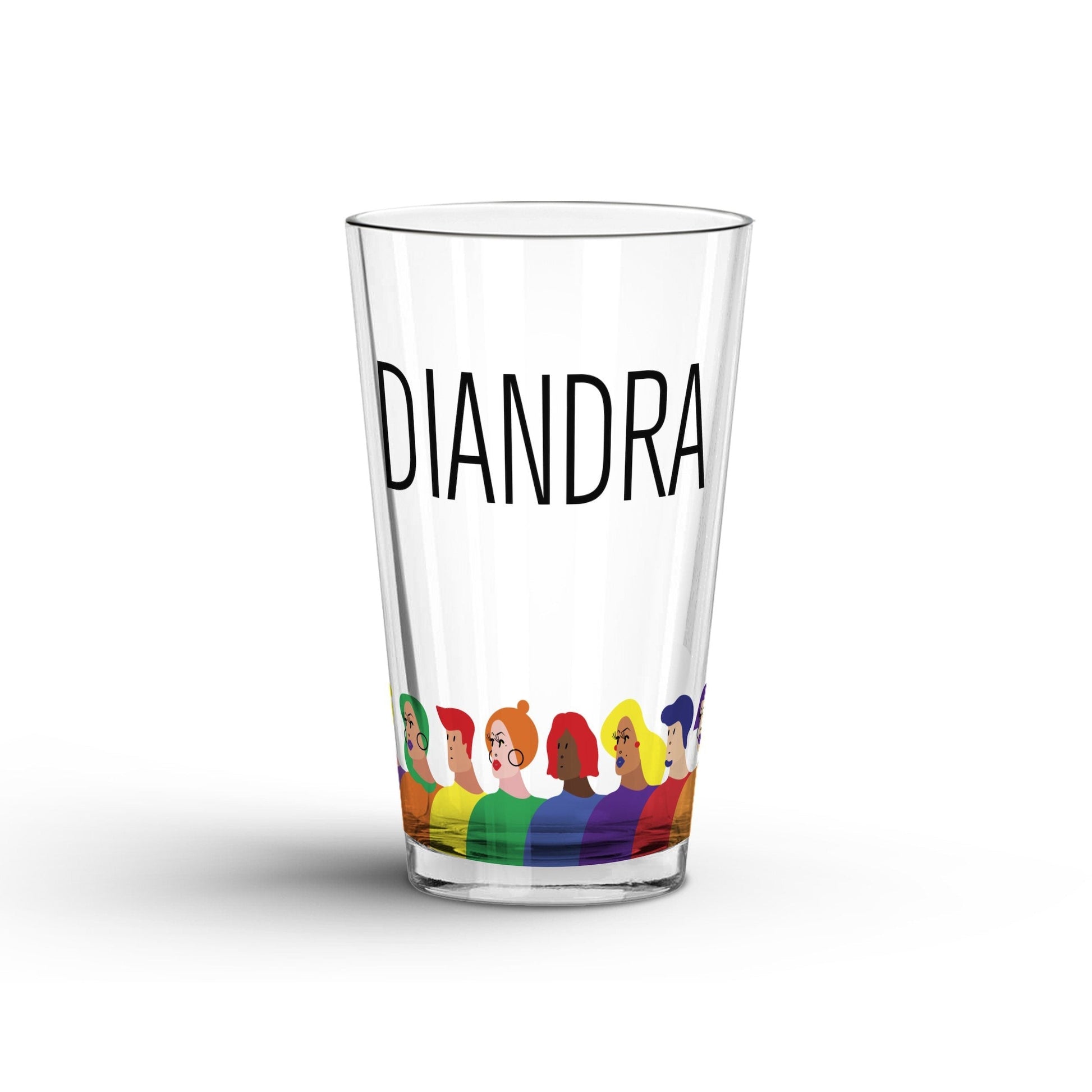 A Personalized Faces of LGBTQ Pride Glass Tumbler Glass with 'DIANDRA' printed, displayed on a white surface