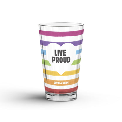 A Personalized LGBTQ Pride Flag Glass Tumbler Glass displayed on a white surface