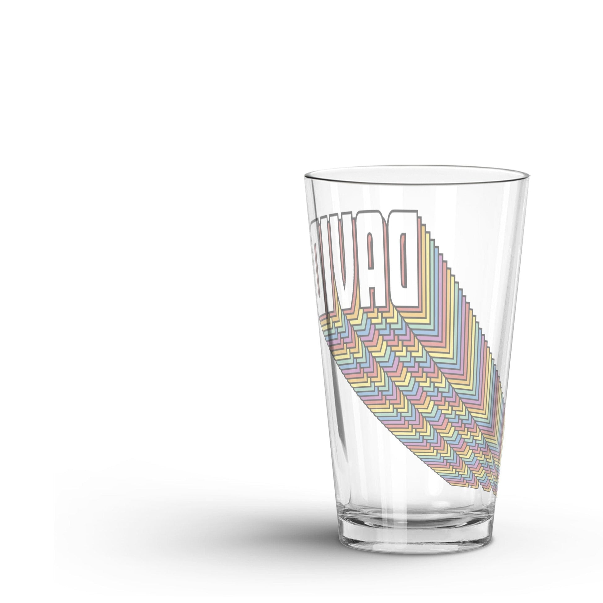 Backside of a Personalized LGBTQ Pride Retro Glass Tumbler Glass on a white surface