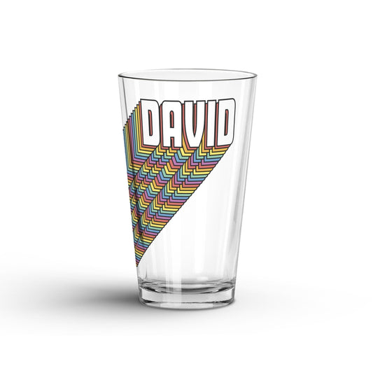 A Personalized LGBTQ Pride Retro Glass Tumbler Glass with 'DAVID' printed on white background