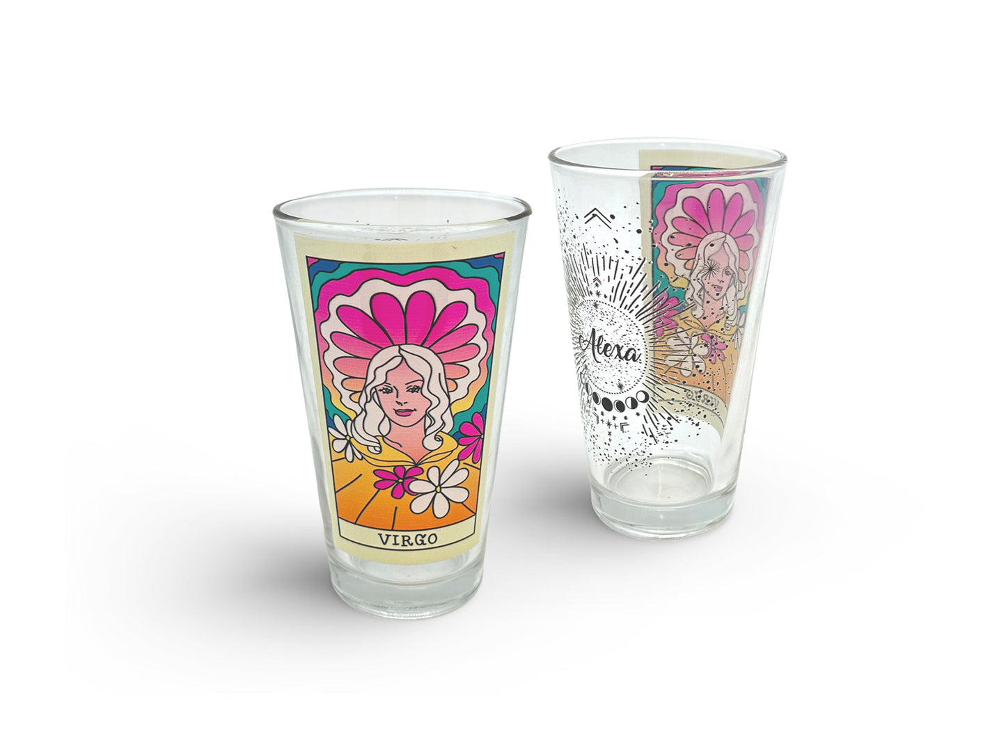 Front and backside of an Virgo tumbler customized glass in white background