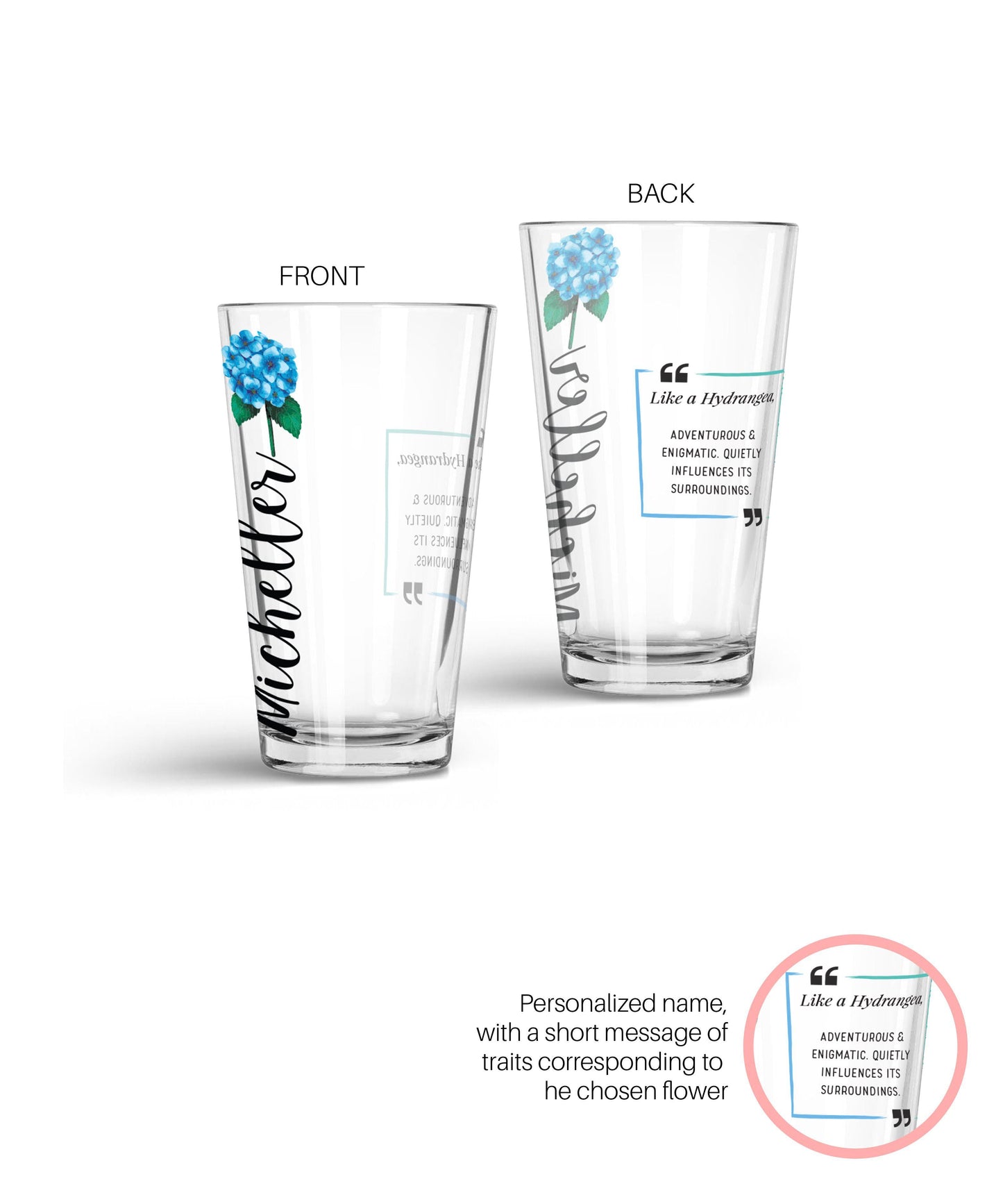 Personalized Special Flower Glass Tumbler Glass Tumbler Sam + Zoey Blue Hydrangea