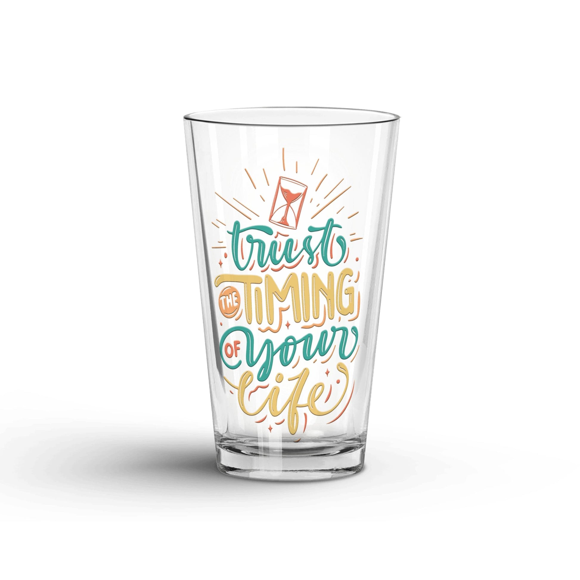 Trust The Timing Of Your Life transparent Tumbler Glass being shown in a white background