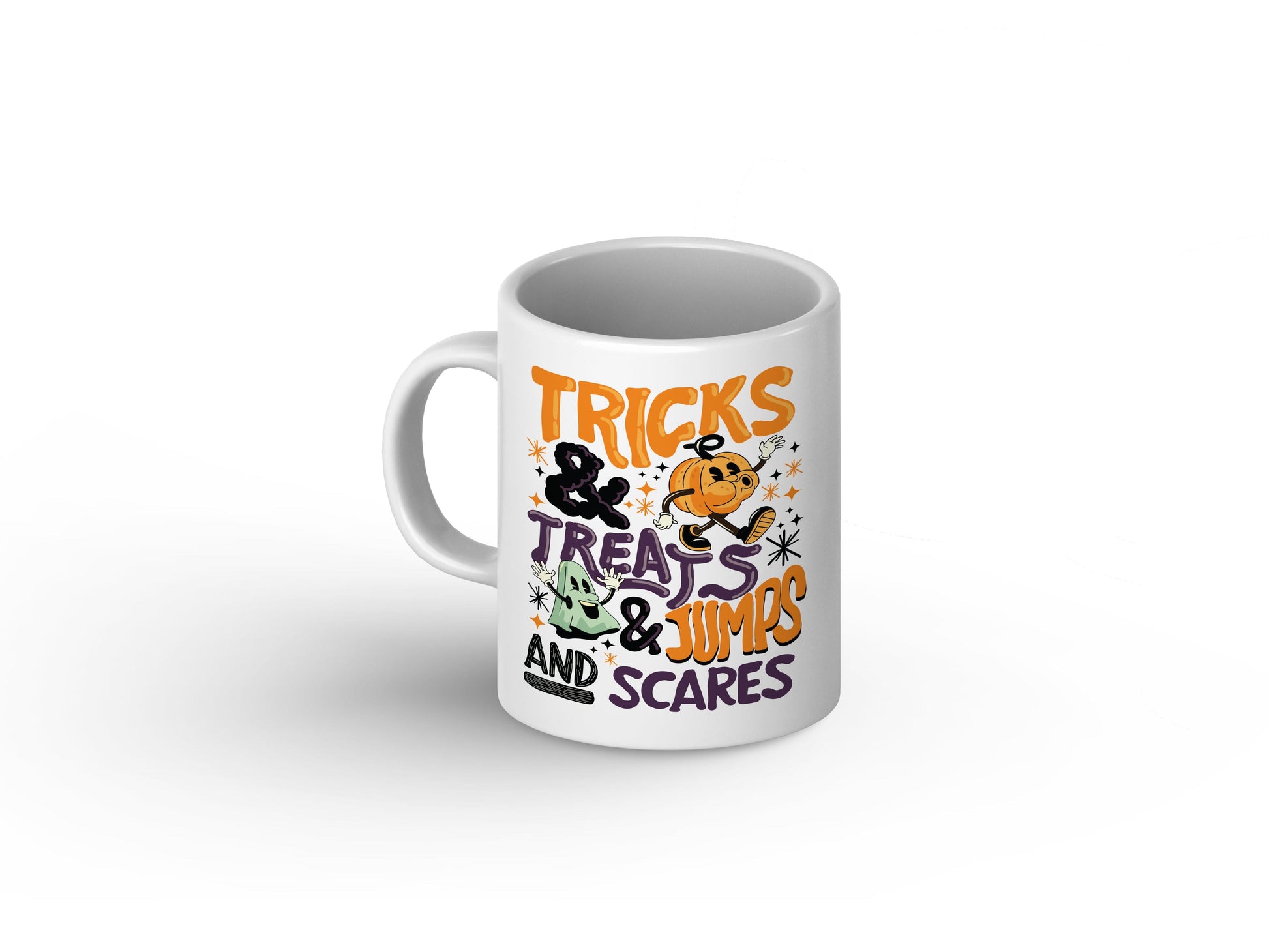 A Halloween-themed ceramic mug by Sam and Zoey, featuring a whimsical design with spooky motifs like ghosts, pumpkins, and bats, perfect for adding festive charm to your beverage enjoyment during the Halloween season