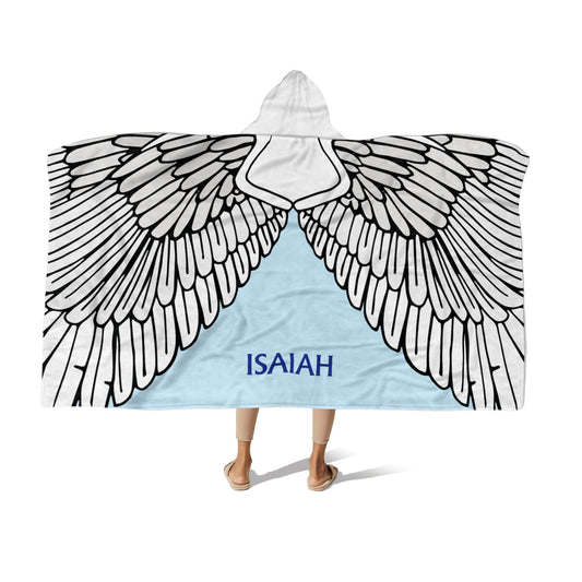 A person wearing a white & skyblue hooded blanket with Angel wings design and the name "Isaiah" at the center-bottom on a white background.